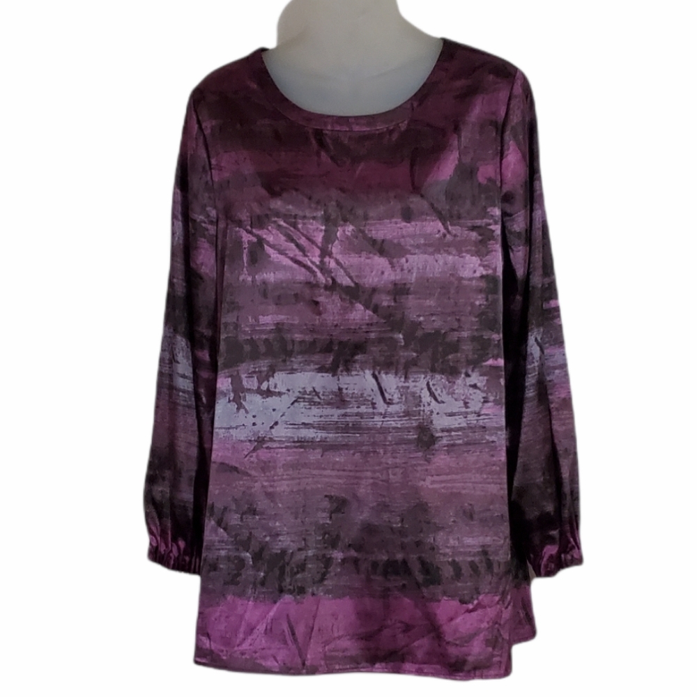 SIMPLY VERA VERA WANG Purple & Black Silk Feel Pullover Womens Top Long …